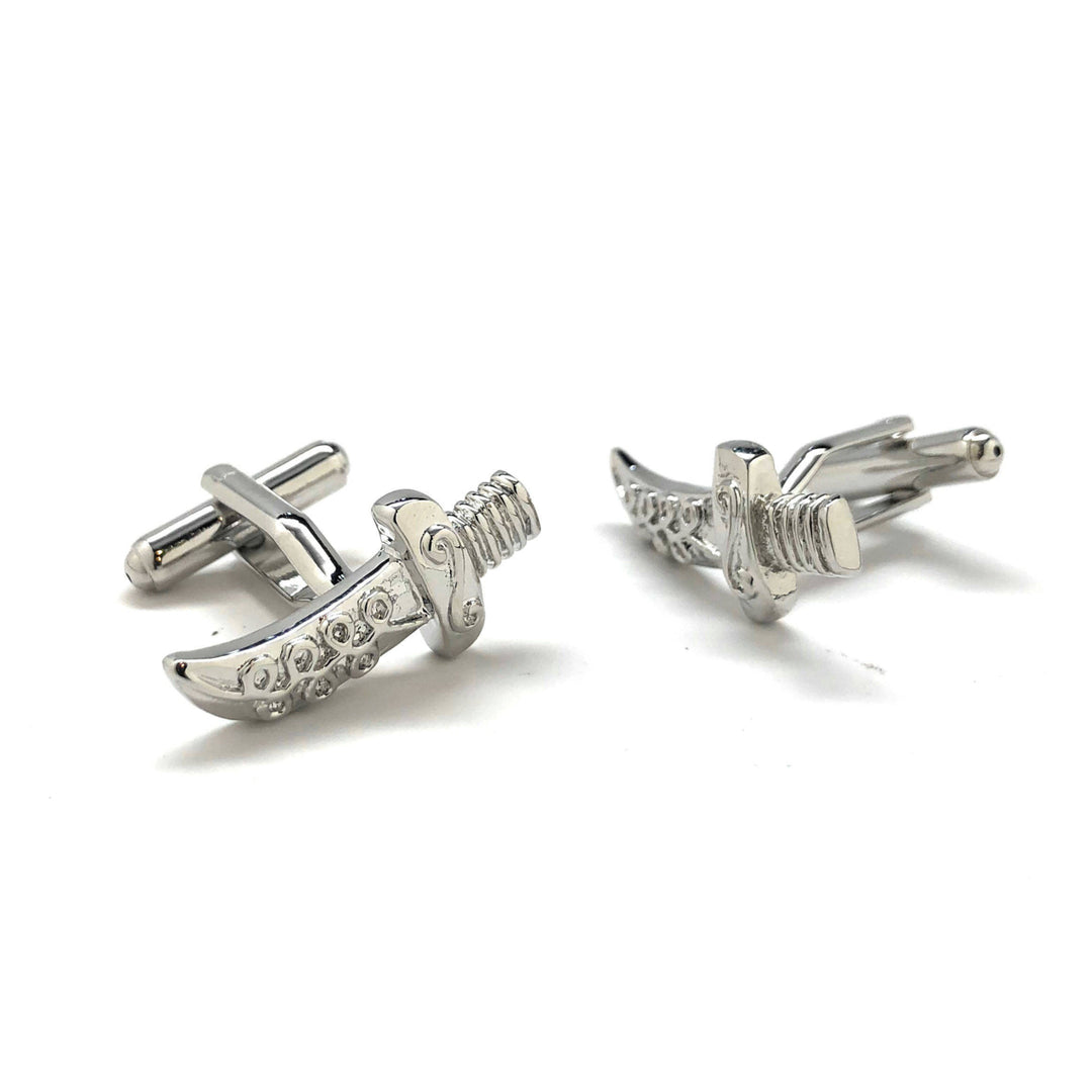 Silver Tone Persian Sword Cufflinks The Bigger the Sword the Better Fun Cool Novelty Pirate Arabian Knight Cuff Links Image 2