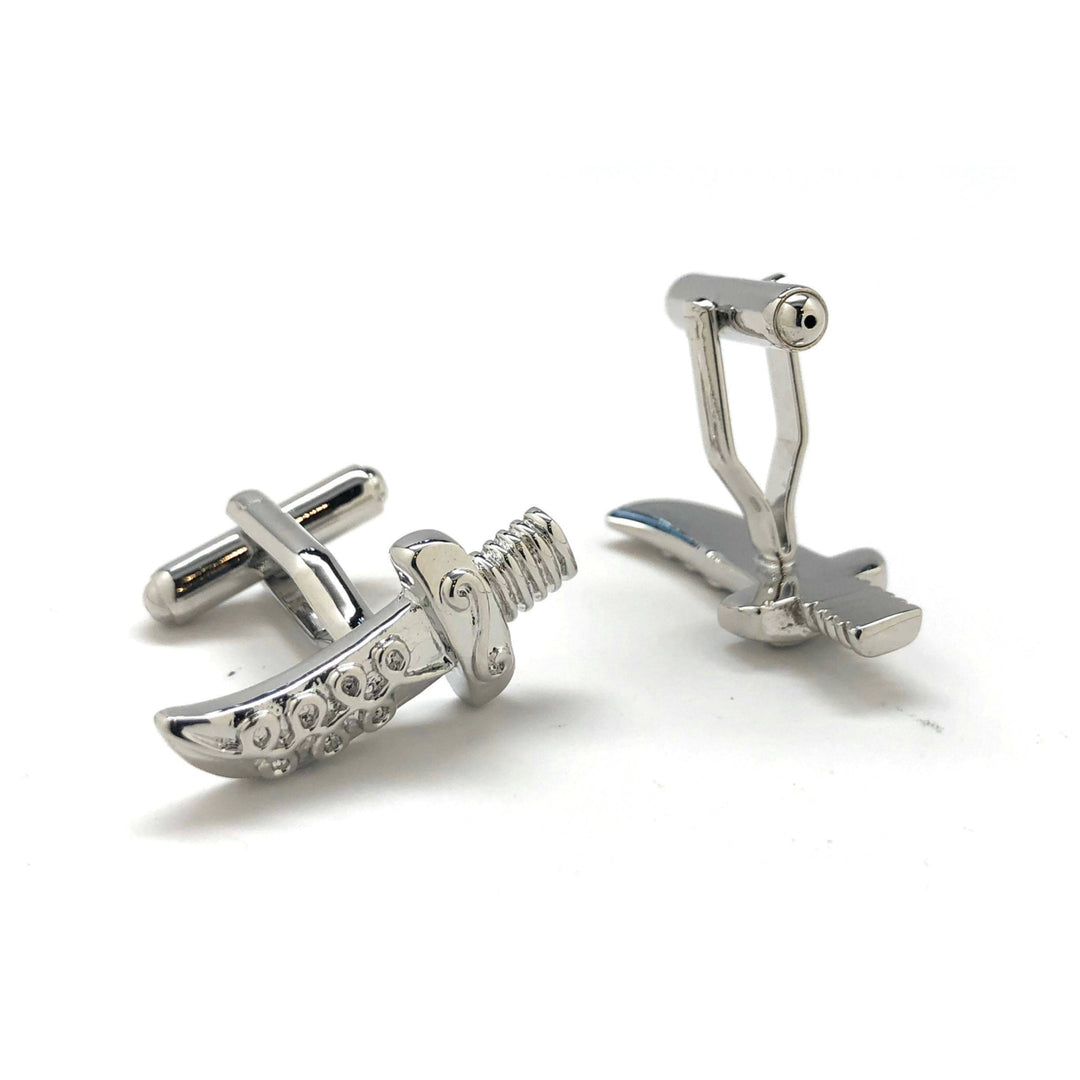 Silver Tone Persian Sword Cufflinks The Bigger the Sword the Better Fun Cool Novelty Pirate Arabian Knight Cuff Links Image 3