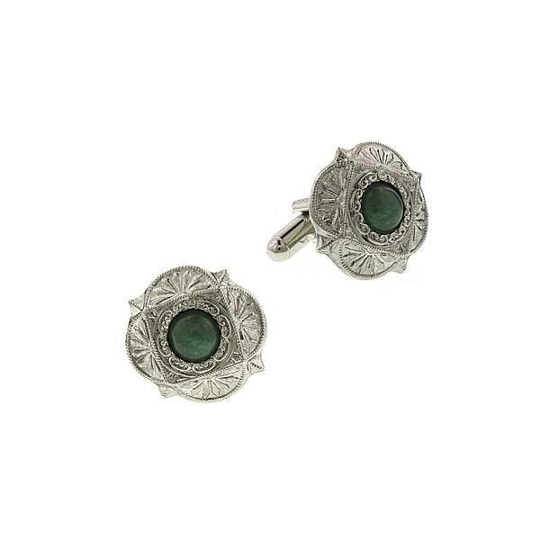 Jade Cufflinks Jewelry Scalloped Silver Tone Faux Jade Green Cufflinks Cuff Links Image 1