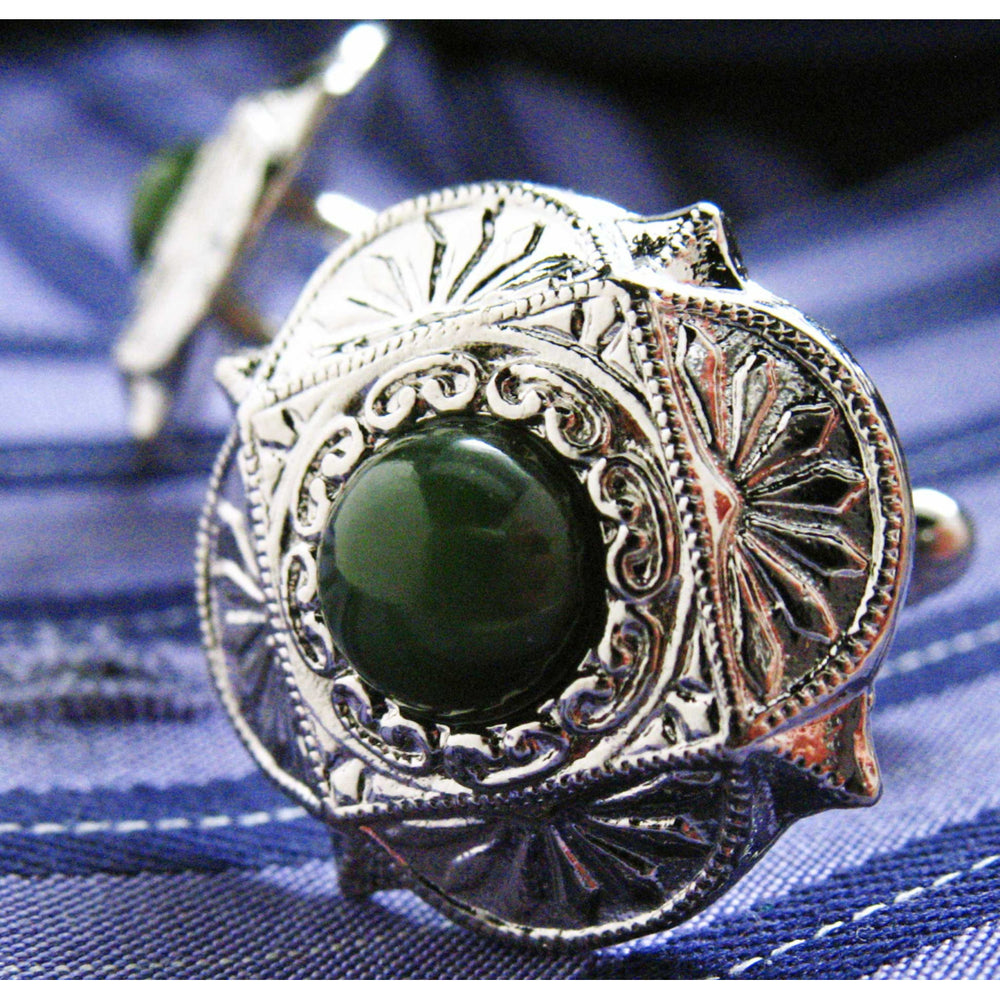 Jade Cufflinks Jewelry Scalloped Silver Tone Faux Jade Green Cufflinks Cuff Links Image 2