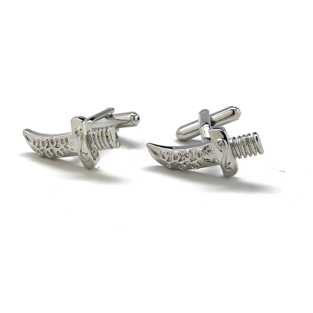 Silver Tone Persian Sword Cufflinks The Bigger the Sword the Better Fun Cool Novelty Pirate Arabian Knight Cuff Links Image 4