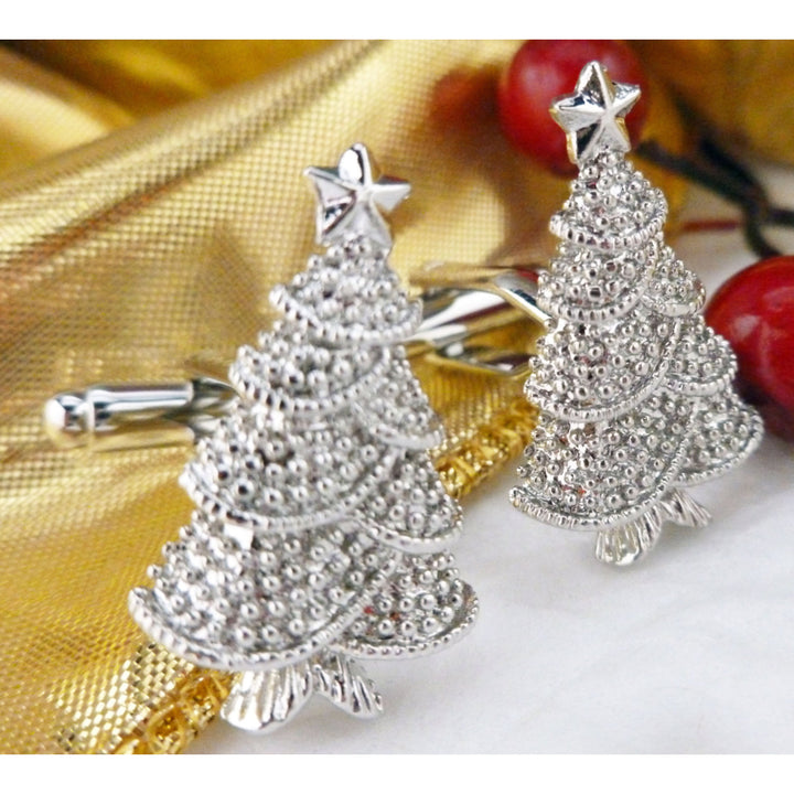 Christmas Tree Cufflinks Glistening Star Shiny Silver Tone Holiday Winter Wonderland Christmas Family Parties Work Party Image 1