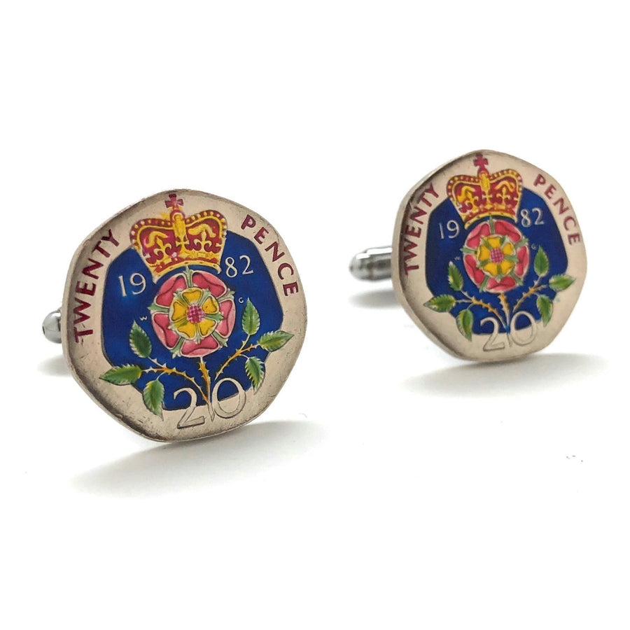 Birth Year Enamel Cufflinks British Coin Jewelry Royal Crown Blue Hand Painted England Jewelry World Cuff Links Twenty Image 1