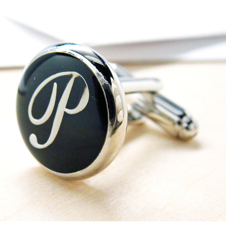 P Cufflinks Initials Silver Toned Round Black Enamel Script Letters Cuff Links Groom Father Bride Wedding Anniversary Image 1