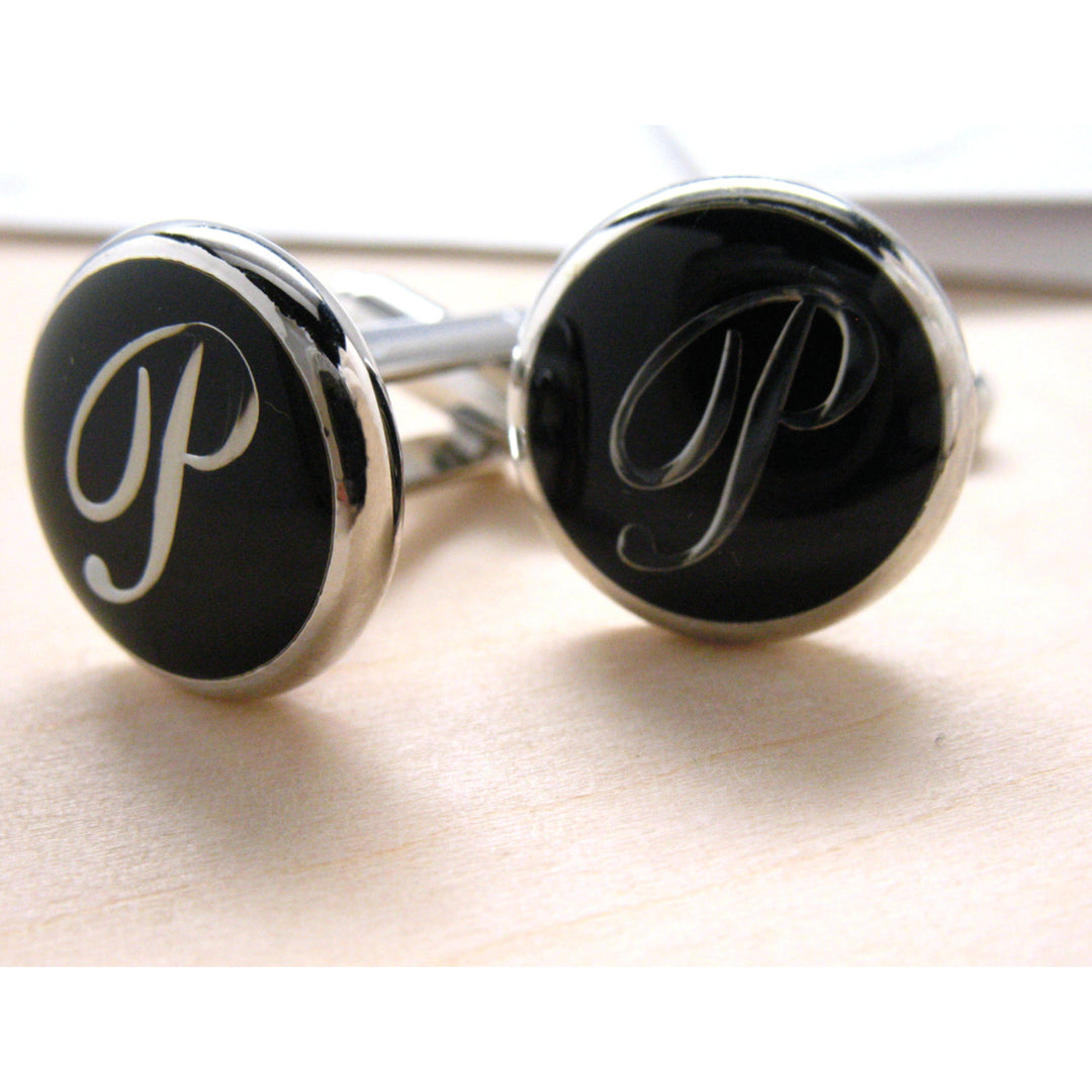 P Cufflinks Initials Silver Toned Round Black Enamel Script Letters Cuff Links Groom Father Bride Wedding Anniversary Image 2