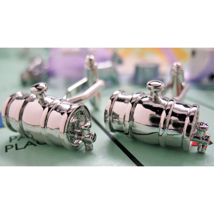 Wine Cask Cufflinks 3D Shiny Silver Tone Thick Cuff Links Beer Keg Whiskey Barrel Bootlegger Image 2