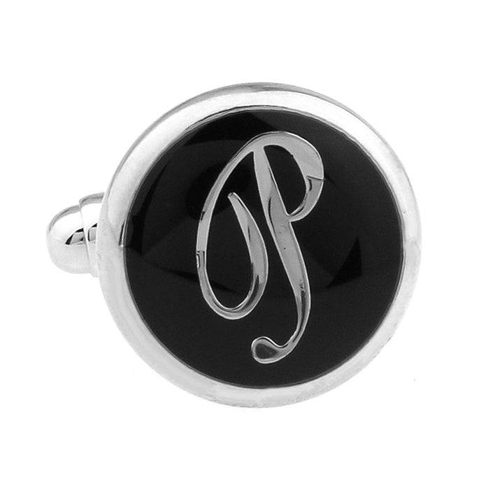 P Cufflinks Initials Silver Toned Round Black Enamel Script Letters Cuff Links Groom Father Bride Wedding Anniversary Image 4