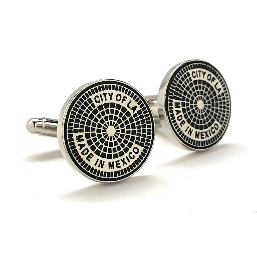 LA Manhole Cover Cufflinks Silver Tone Trim Black Enamel City Cuff Links Los Angeles Life Fun Cool with Gift Box Image 1