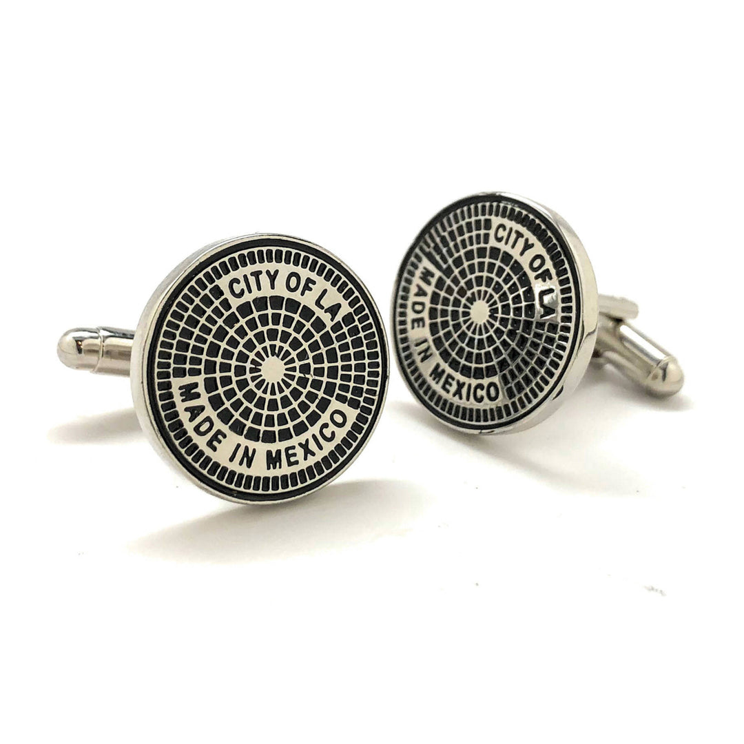 LA Manhole Cover Cufflinks Silver Tone Trim Black Enamel City Cuff Links Los Angeles Life Fun Cool with Gift Box Image 2