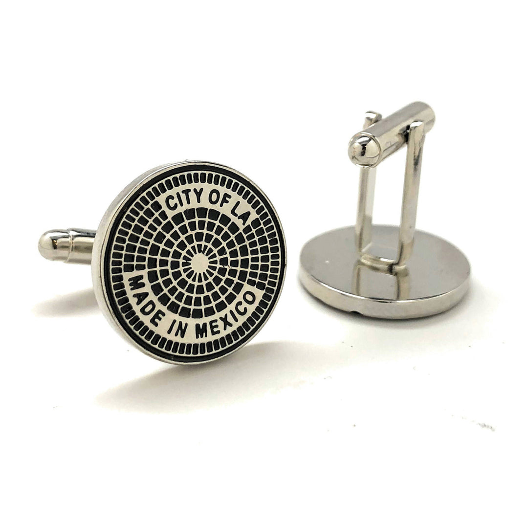 LA Manhole Cover Cufflinks Silver Tone Trim Black Enamel City Cuff Links Los Angeles Life Fun Cool with Gift Box Image 3