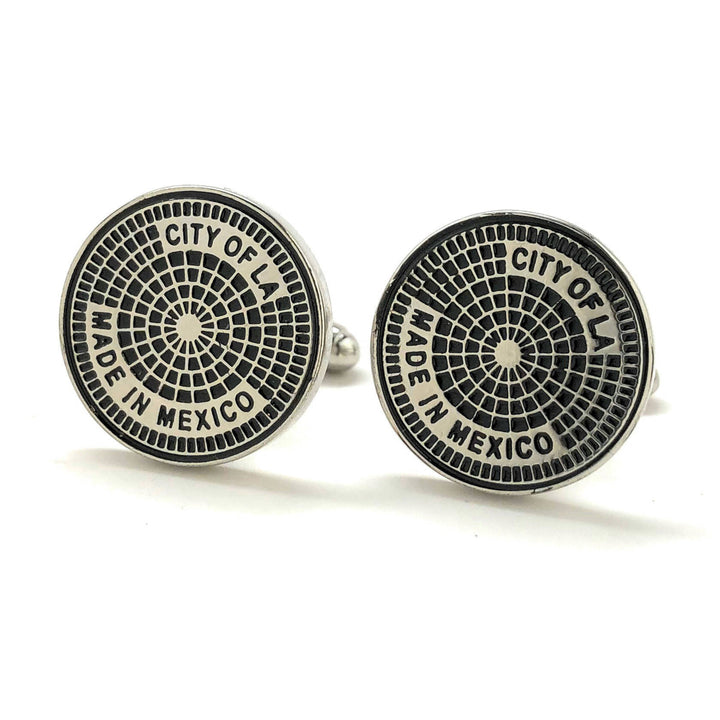 LA Manhole Cover Cufflinks Silver Tone Trim Black Enamel City Cuff Links Los Angeles Life Fun Cool with Gift Box Image 4