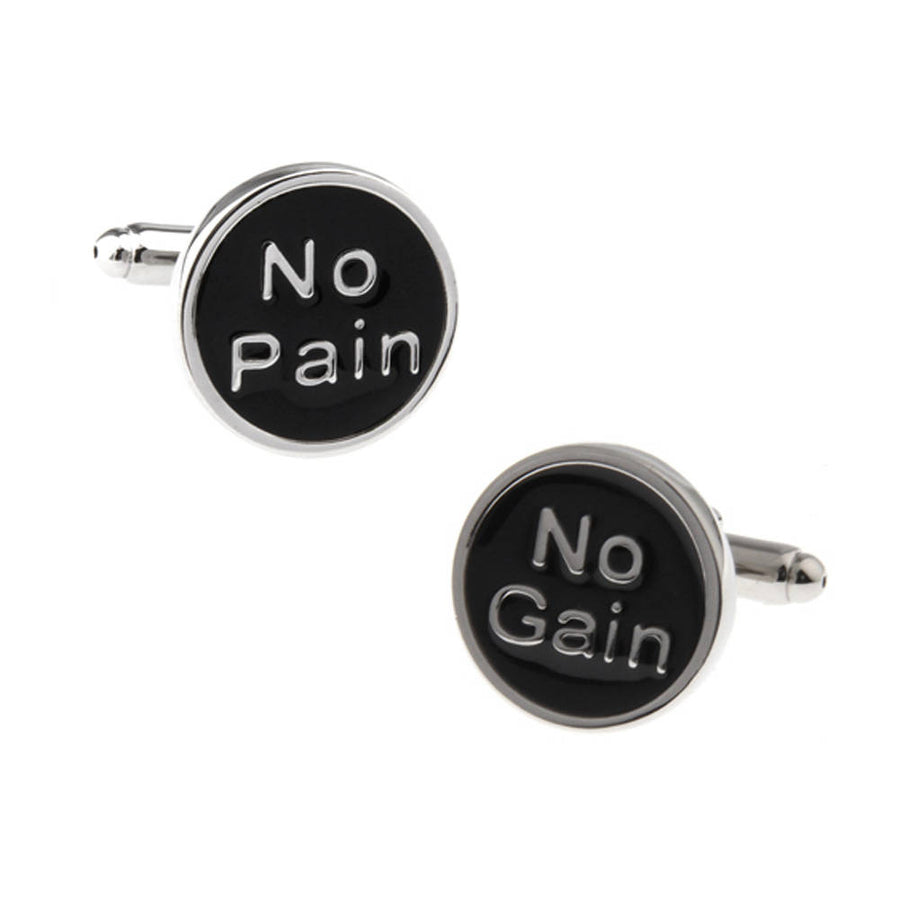 No Pain No Gain Cufflinks Silver Tone with Black Enamel Gym Weight Lifting Fun Party Cool Work Out Cuff Links Comes with Image 1