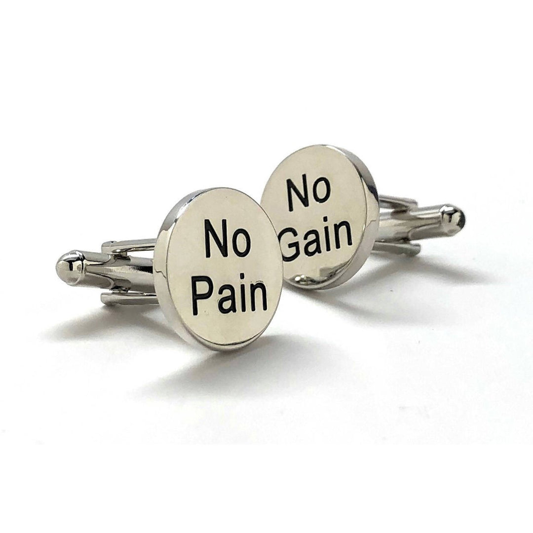 No Pain No Gain Cufflinks Silver Tone with Black Fun Party Cool Boss Cuff Links Comes with Gift Box Image 2