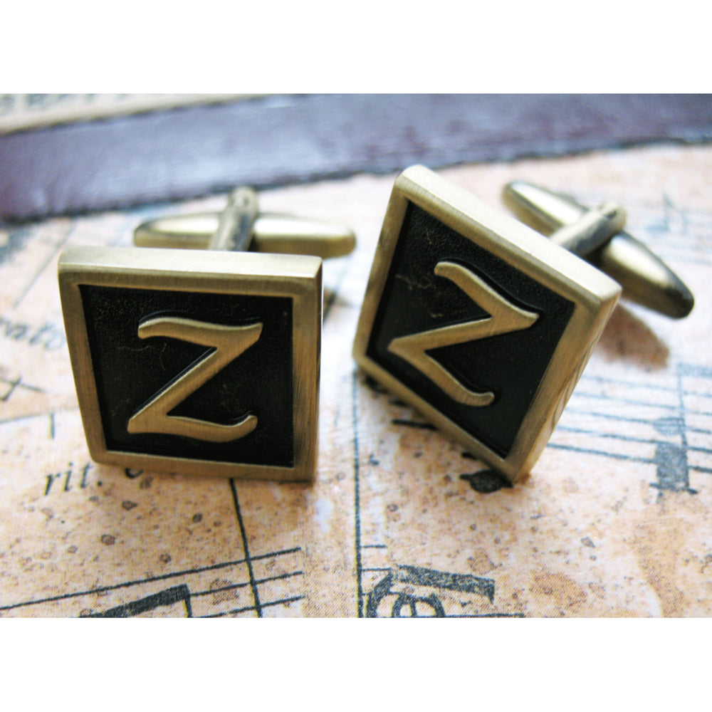 Z Initial Cufflinks Antique Brass Square 3-D Letter Z Vintage English Letterings Cuff Links Groom Father Bride Wedding Image 2