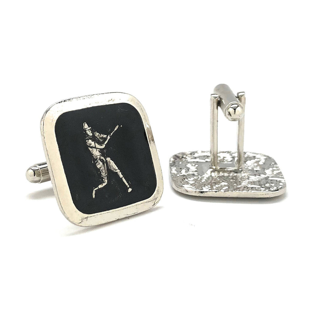 Antique Silver Tone Black Enamel Baseball Cufflinks Home Run Hitter Ballpark Cool Cuff Links Comes with Image 3