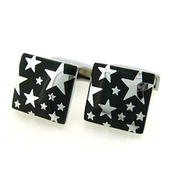 Mens Executive Cufflinks Stars in a Dark Sky Silver Star w Black Enamel Cufflinks Image 1