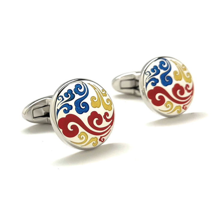 Asian Bloom Cufflinks Rim Round floral flower design One of a Kind Cuff Links Image 1