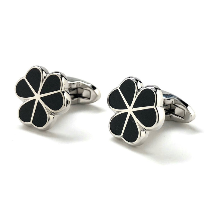 Silver Black Enamel Lucky Clover Wedding Flower Cufflinks Cuff Links Image 4