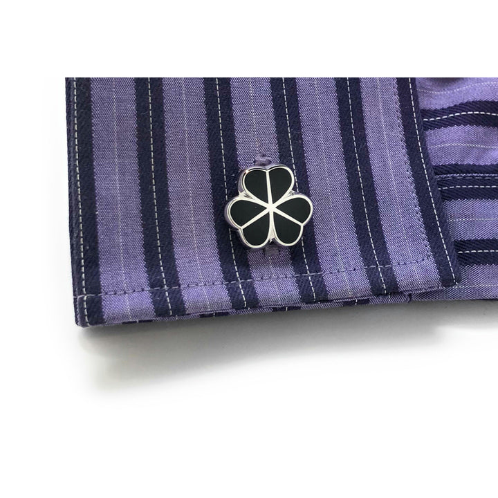 Silver Black Enamel Lucky Clover Wedding Flower Cufflinks Cuff Links Image 4