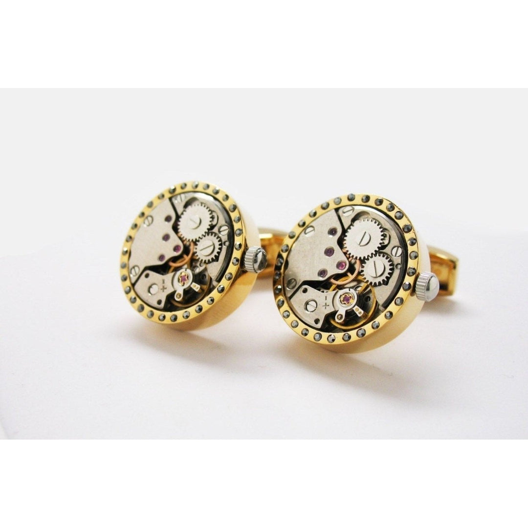 Gold Tone Crystal Watch Movement Studded Cufflinks Functional Cuff Links Image 1