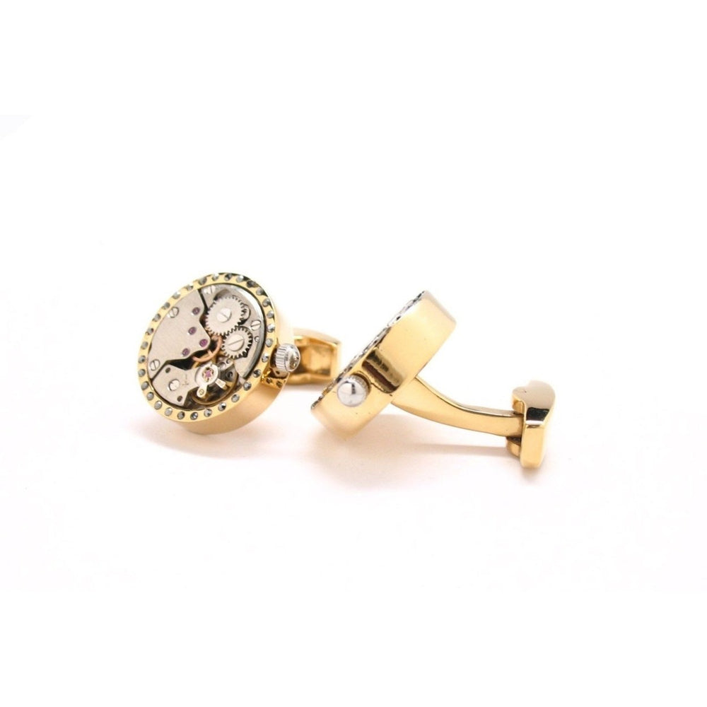 Gold Tone Crystal Watch Movement Studded Cufflinks Functional Cuff Links Image 2