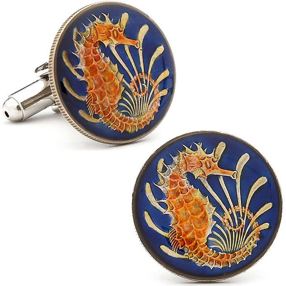 Birth Year Birth Year Enamel Cufflinks Singapore Seahorse Enamel Coin Jewelry Hand Painted Blue Enamel Orange Sea Horse Image 1