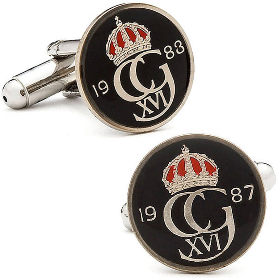 Enamel Cufflinks Hand Painted Swedish Enamel Coin Jewelry Black Enamel Royal Crown Coins Sweden Cuff Links Keepsake Very Image 1