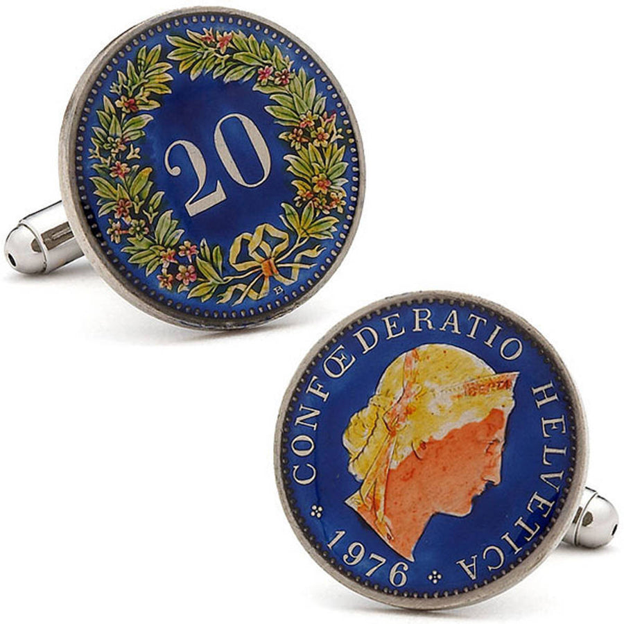 Birth Year Enamel Cufflinks Hand Painted Blue Swiss Authentic Currency Enamel Coin Jewelry Switzerland Cuff Links Unique Image 1