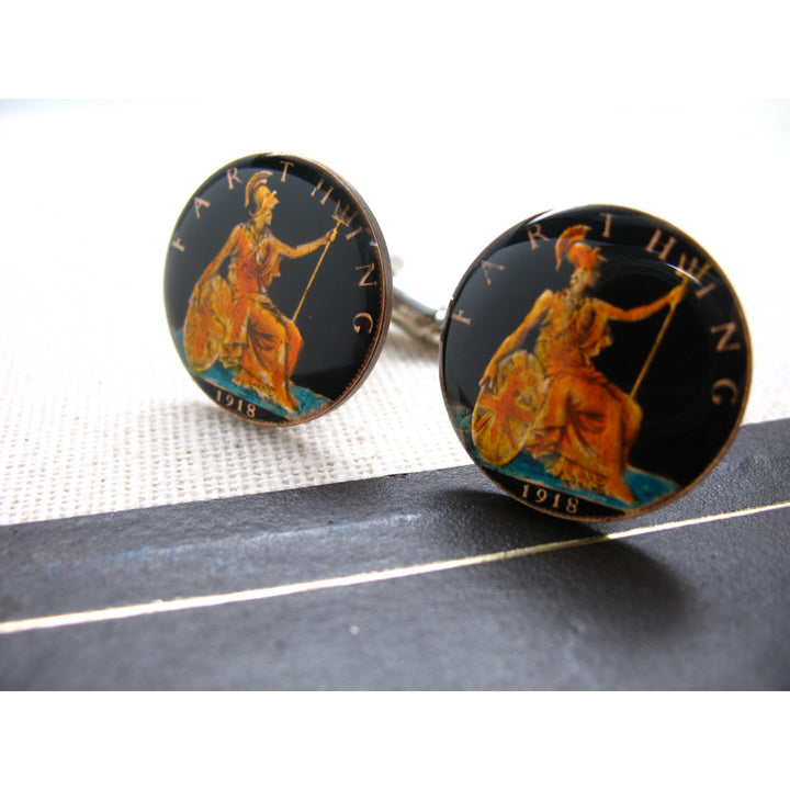 Birth Year Birth Year British Farthing Coin Cufflinks Hand Painted England English Cuff Links Greek Enamelled Coin Image 1