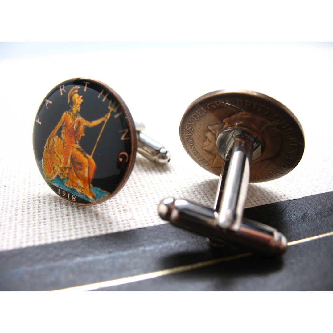 Birth Year Birth Year British Farthing Coin Cufflinks Hand Painted England English Cuff Links Greek Enamelled Coin Image 2