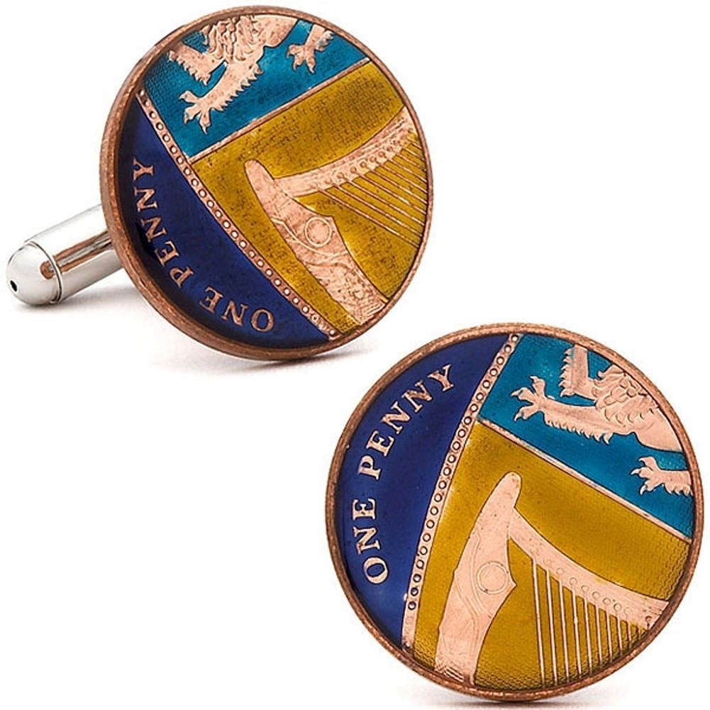 Enamel Cufflinks British Coins Royal Blue Enamel Painted England Enamel Coin Jewelry World Cuff Links One Penny Comes Image 1