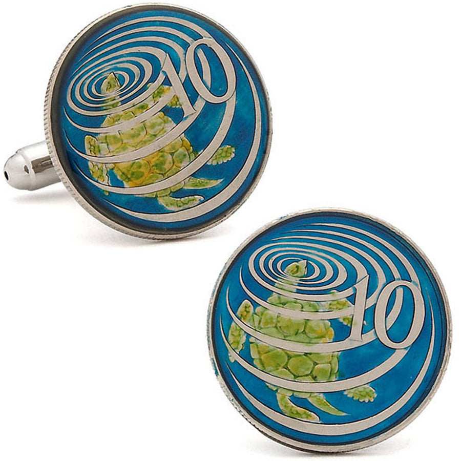 Enamel Cufflinks Cayman Coins Royal Blue Green Enamel Coin Jewelry Painted Cayman Island World Cuff Links Ten Cent Image 1