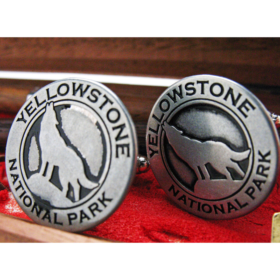 Enamel Cufflinks Yellowstone Wolf Token Old Transit Tokens Silver Tone Rustic Classic Yellow Stone National Park Cuff Image 4