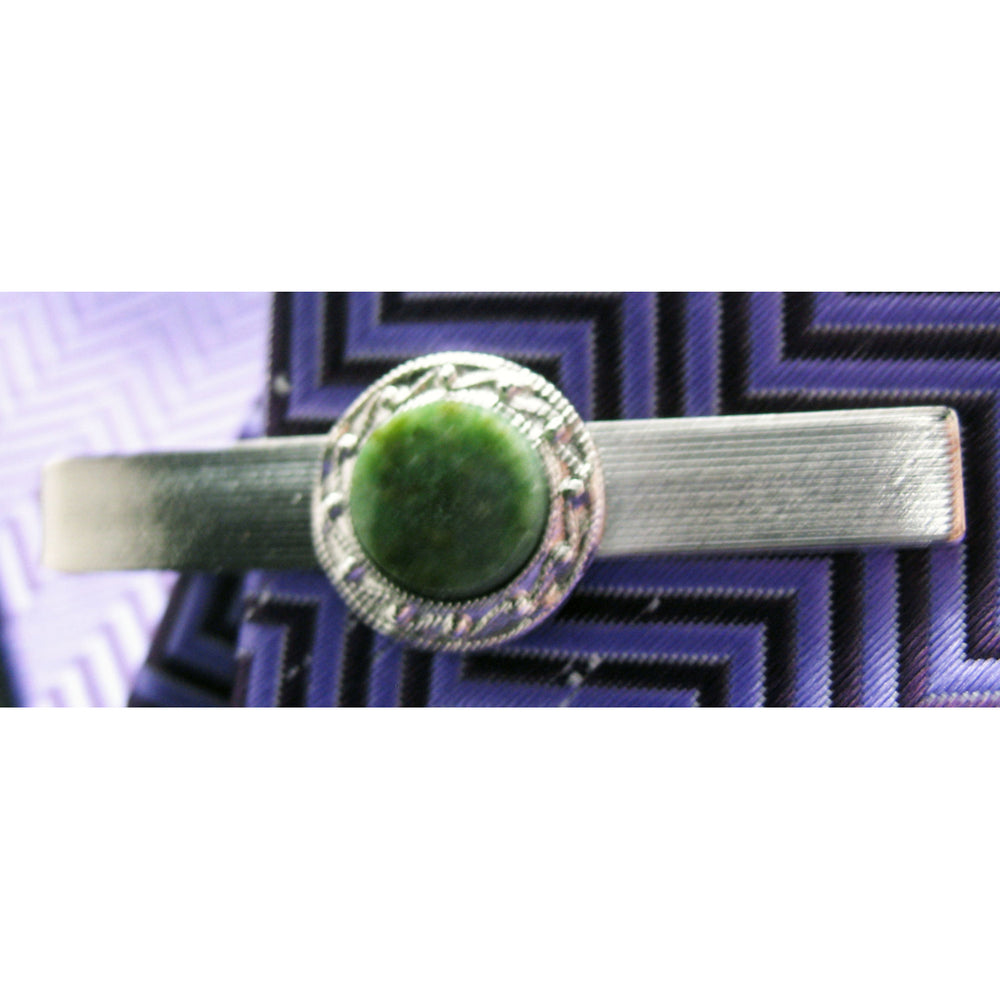 Jade Marble Tie Clip Silver Tone Round Stone Tie Bar Image 2