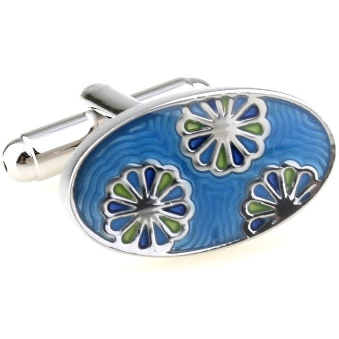 Caribbean Blue Green Cut Petal Mountain Daisy Oval Wedding Cufflinks Cuff Links Image 1