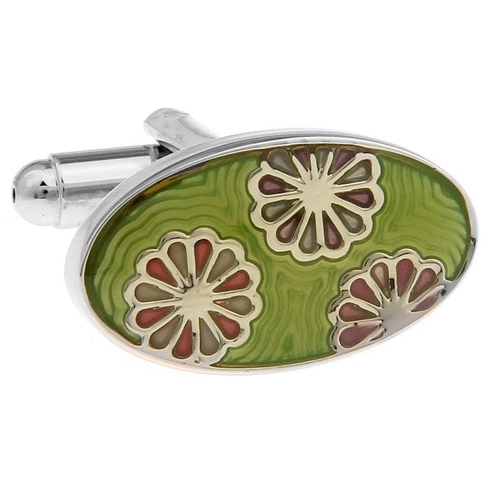 Green Cut Petal Mountain Daisy Oval Wedding Cufflinks Cuff Links Image 1