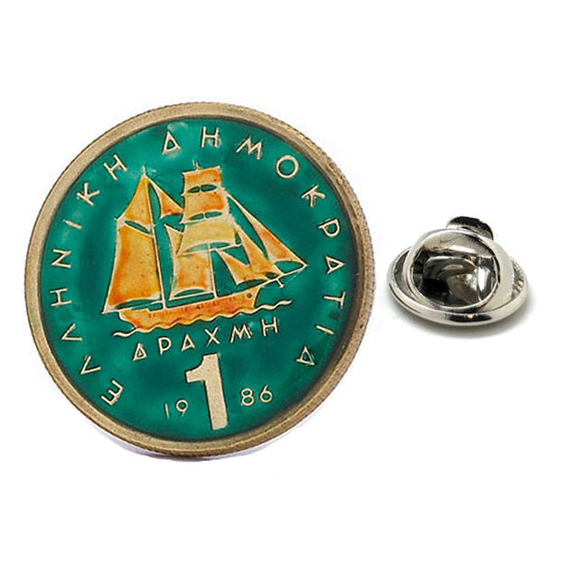 Enamel Pin Greek Ship Enamel Coin Lapel Pin Tie Tack Collector Pin Green Orange Sailing Boat Coin Travel Souvenir Art Image 1