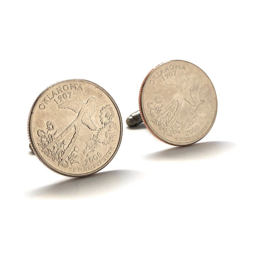 Enamel Cufflinks Oklahoma Suit Flag State Enamel Coin Jewelry USA United States America City Tulsa Norman Bird Swallow Image 1