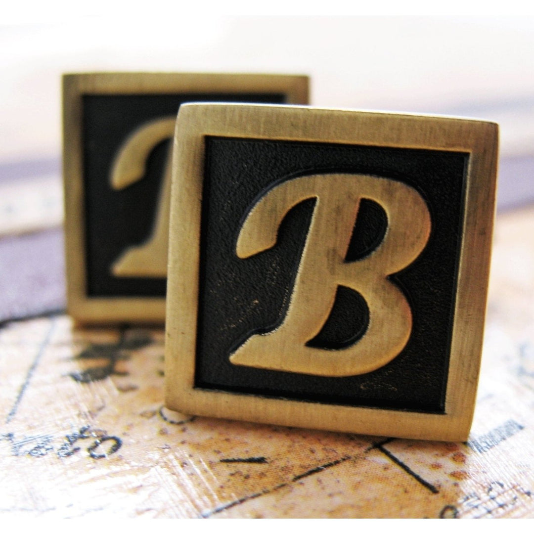 B Initial Cufflinks Antique Brass Square 3-D Letter Vintage English Lettering Cuff Links Groom Father Bride Wedding Box Image 1