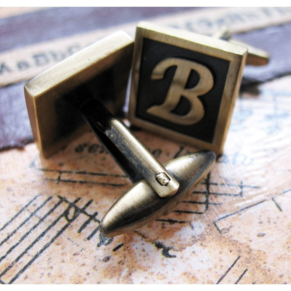 B Initial Cufflinks Antique Brass Square 3-D Letter Vintage English Lettering Cuff Links Groom Father Bride Wedding Box Image 2