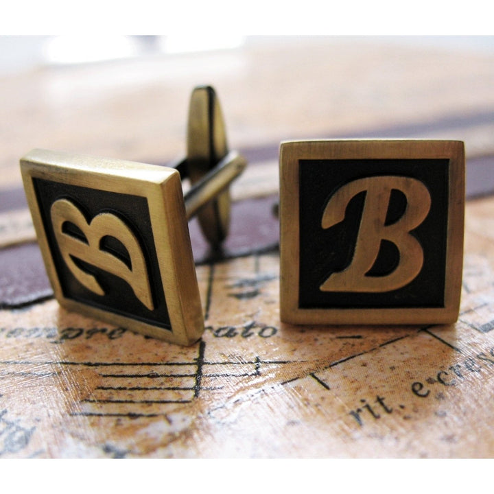 B Initial Cufflinks Antique Brass Square 3-D Letter Vintage English Lettering Cuff Links Groom Father Bride Wedding Box Image 3