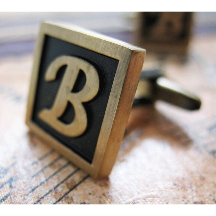 B Initial Cufflinks Antique Brass Square 3-D Letter Vintage English Lettering Cuff Links Groom Father Bride Wedding Box Image 4