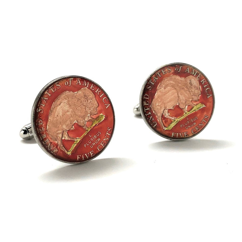 Enamel Cufflinks Hand Painted Red Edition Coin Jewelry Edition Authentic US Currency Buffalo Nickel Bison Cuff Links Image 1