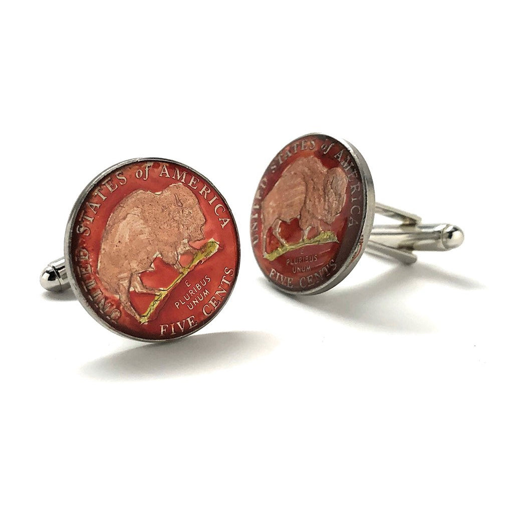 Enamel Cufflinks Hand Painted Red Edition Coin Jewelry Edition Authentic US Currency Buffalo Nickel Bison Cuff Links Image 2