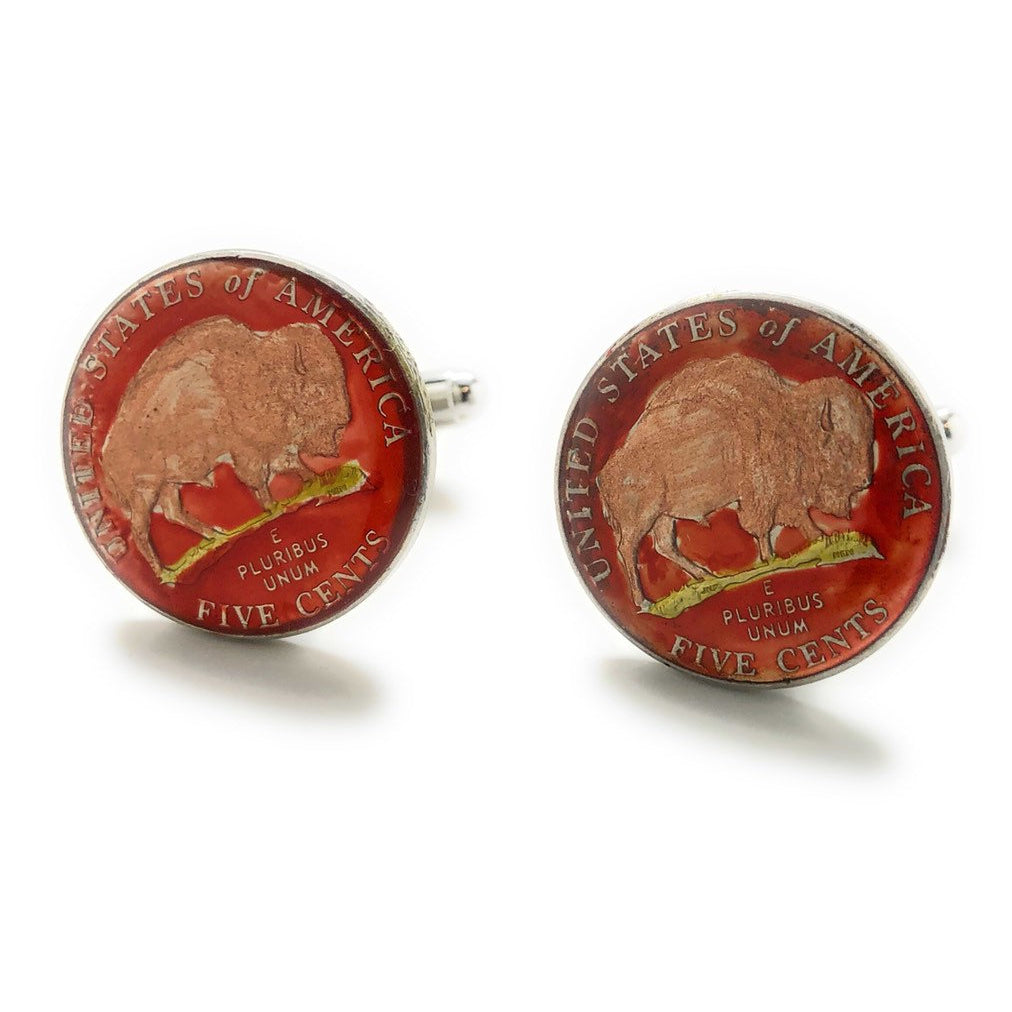 Enamel Cufflinks Hand Painted Red Edition Coin Jewelry Edition Authentic US Currency Buffalo Nickel Bison Cuff Links Image 4