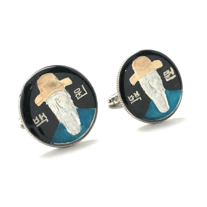 Enamel Cufflinks Hand Painted Confucius Korean Coin Philosopher The Master Enamel Coin Jewelry Black Blue Brings Luck Image 1