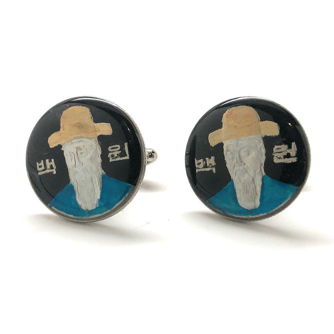 Enamel Cufflinks Hand Painted Confucius Korean Coin Philosopher The Master Enamel Coin Jewelry Black Blue Brings Luck Image 4