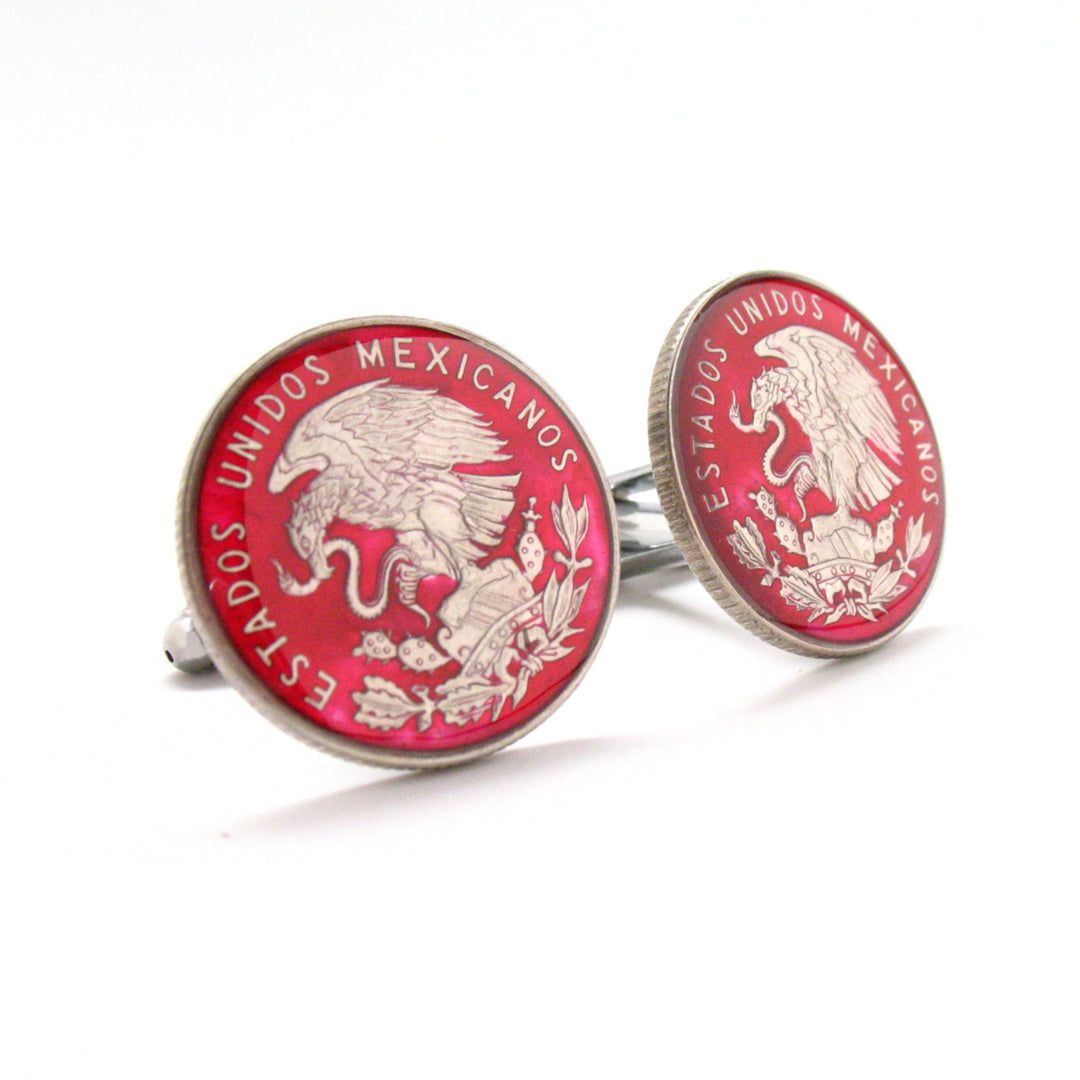 Enamel Cufflinks Hand Painted Mexico Peso Authentic Enamel Coin Jewelry Cuff Links Red Enamel Silver Tone Eagle Image 4