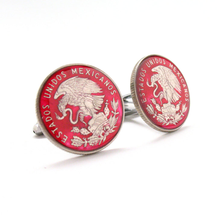 Enamel Cufflinks Hand Painted Mexico Peso Authentic Enamel Coin Jewelry Cuff Links Red Enamel Silver Tone Eagle Image 4