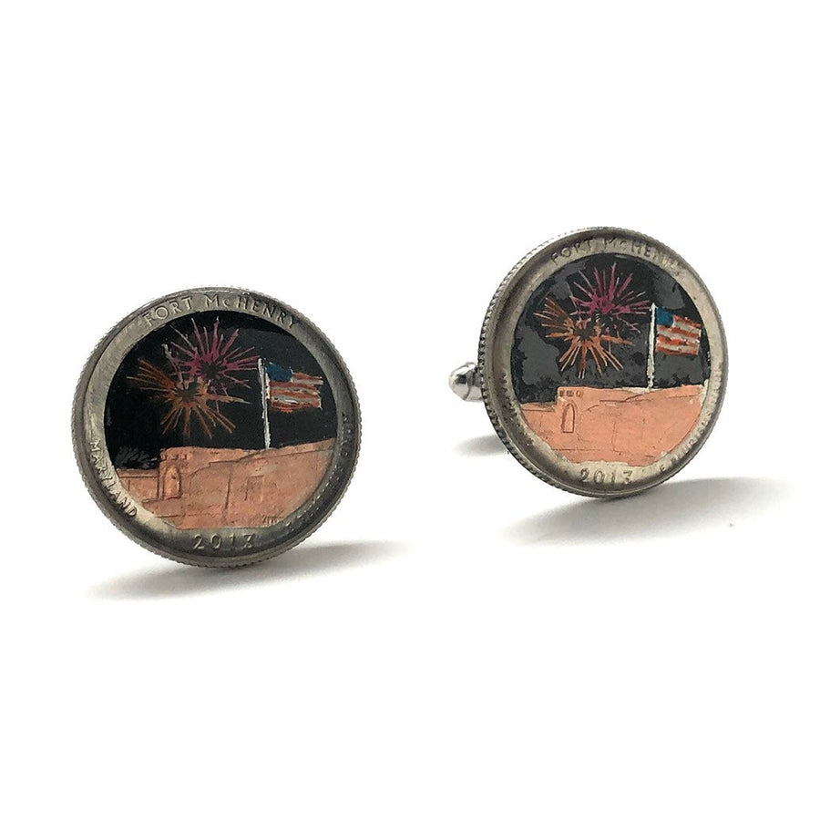 Birth Year Enamel Cufflinks Hand Painted Fort McHenry Enamel Coin Jewelry Currency Finance Accountant Cuff Links Image 1